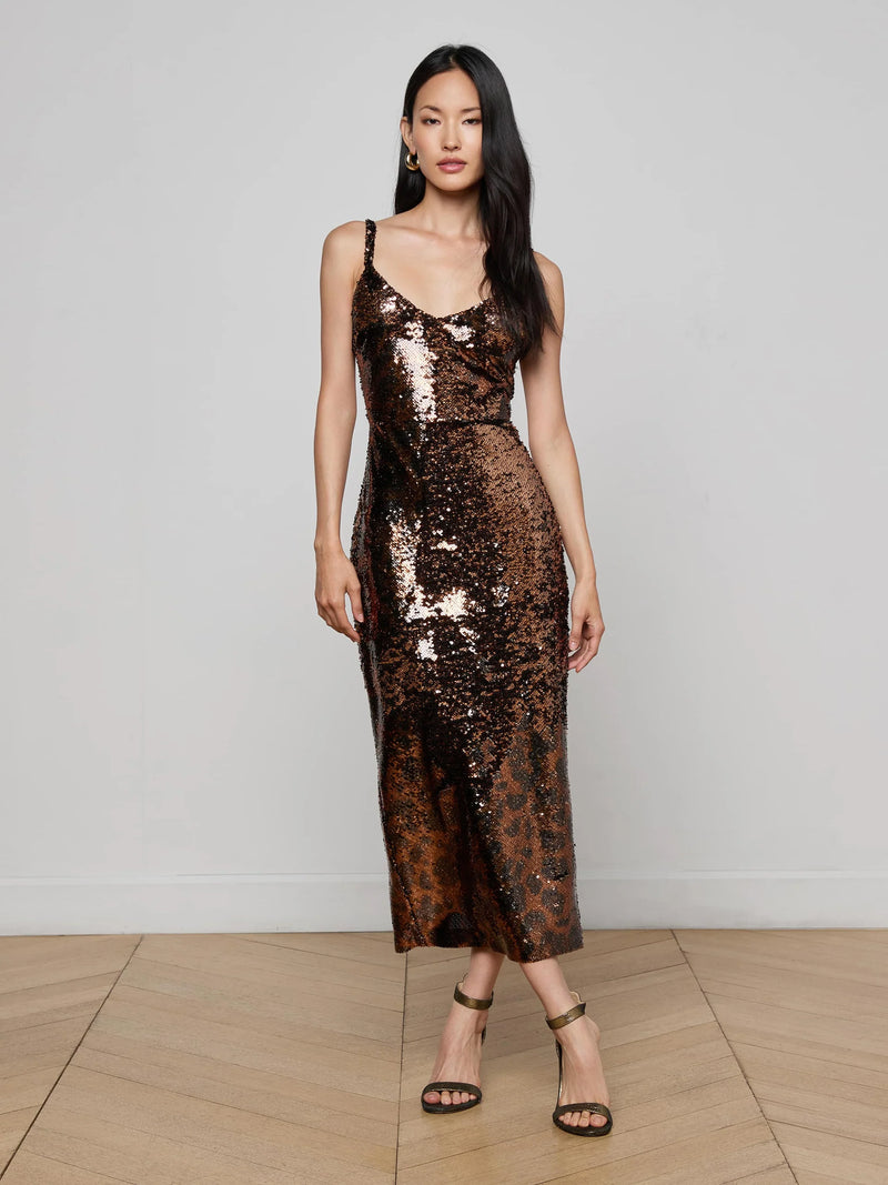 L'agence - Noella Sequin Dress - Brown Multi Amur Leopard