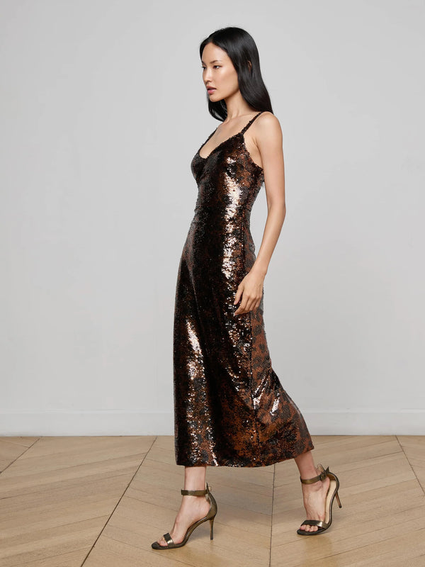 L'agence - Noella Sequin Dress - Brown Multi Amur Leopard