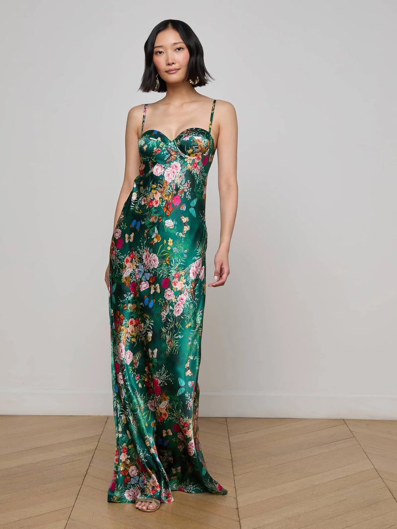 L’agence - Sayla Silk Gown - Bottle Green Multi Charonda Butterfly