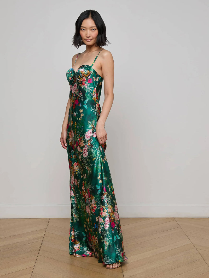 L’agence - Sayla Silk Gown - Bottle Green Multi Charonda Butterfly