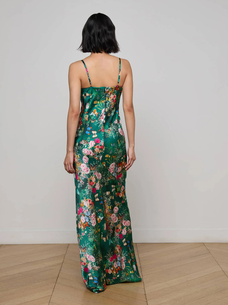 L’agence - Sayla Silk Gown - Bottle Green Multi Charonda Butterfly