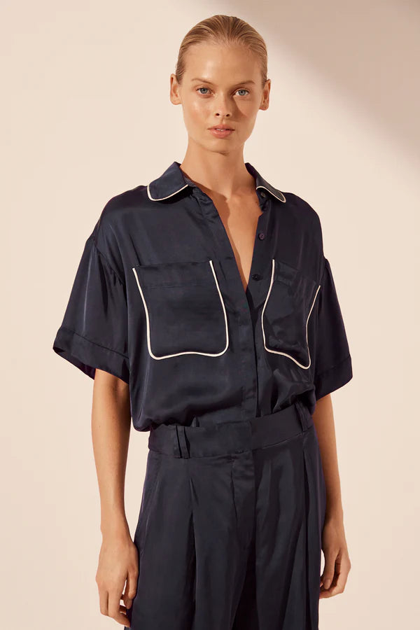 Shona Joy - Shae Contrast S/S Relaxed Shirt - Aegean Blue