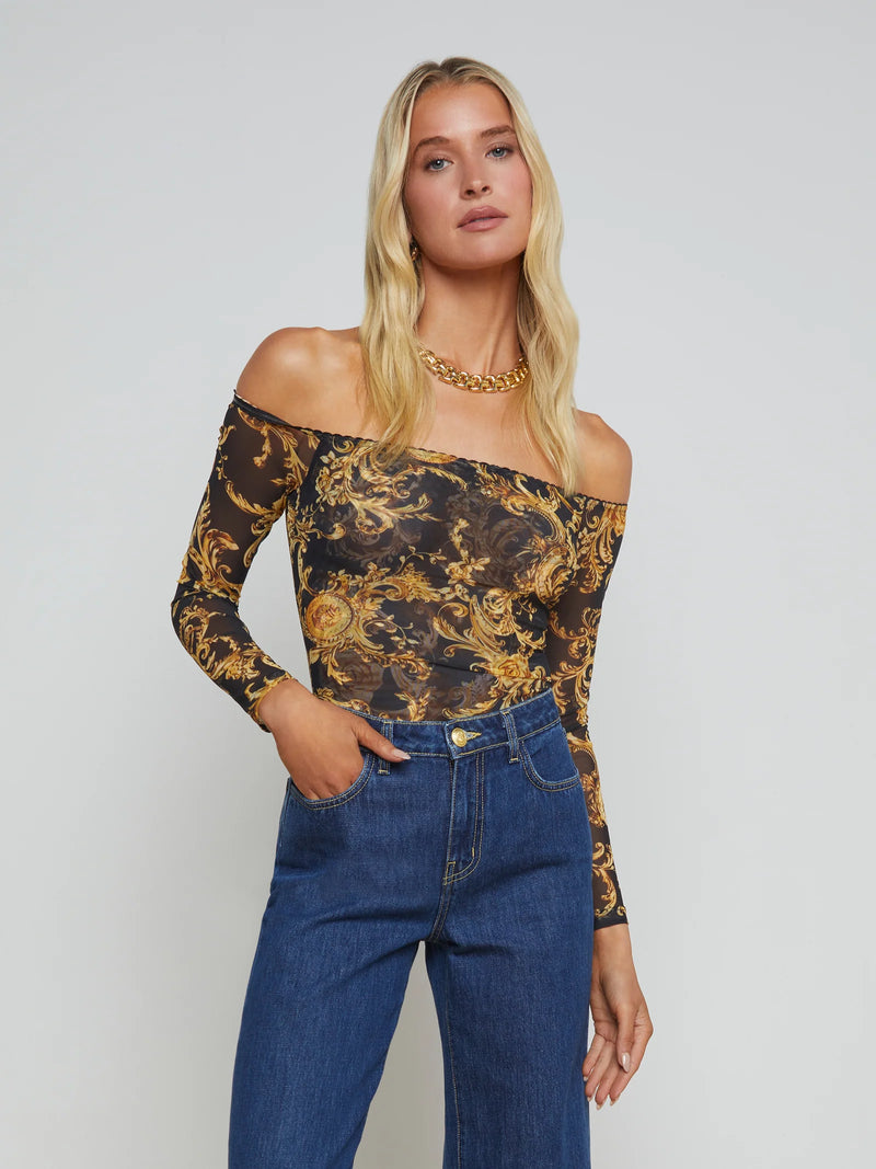 L'agence - Peonie Off-The-Shoulder Bodysuit - Black/Gold Barocco Swirl