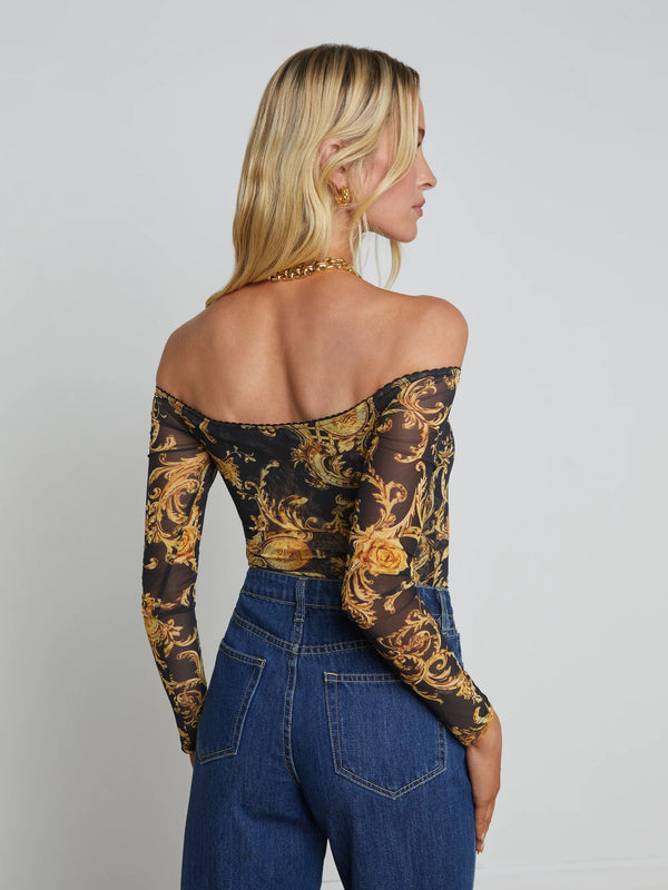 L'agence - Peonie Off-The-Shoulder Bodysuit - Black/Gold Barocco Swirl