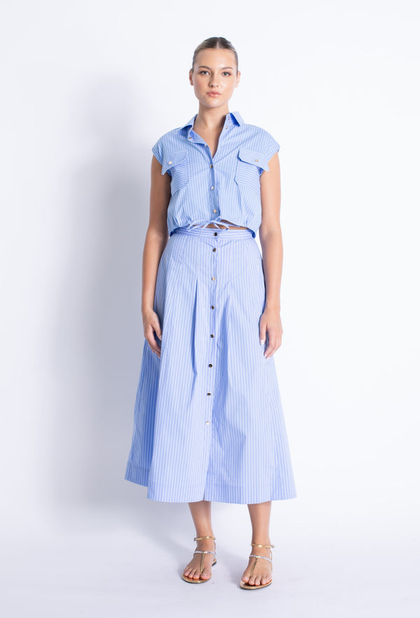Karina Grimaldi - Eden Button Down Skirt - Blue Stripes