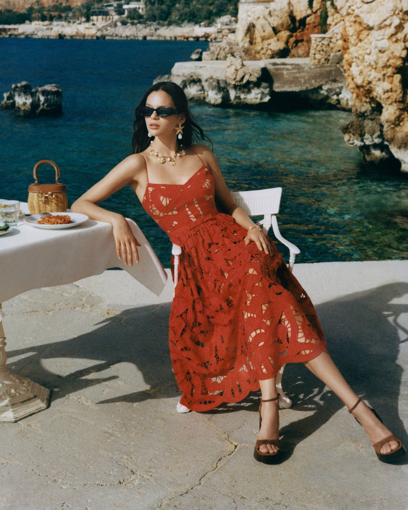 Self-portrait - Bow Embroidered Midi Dress - Red