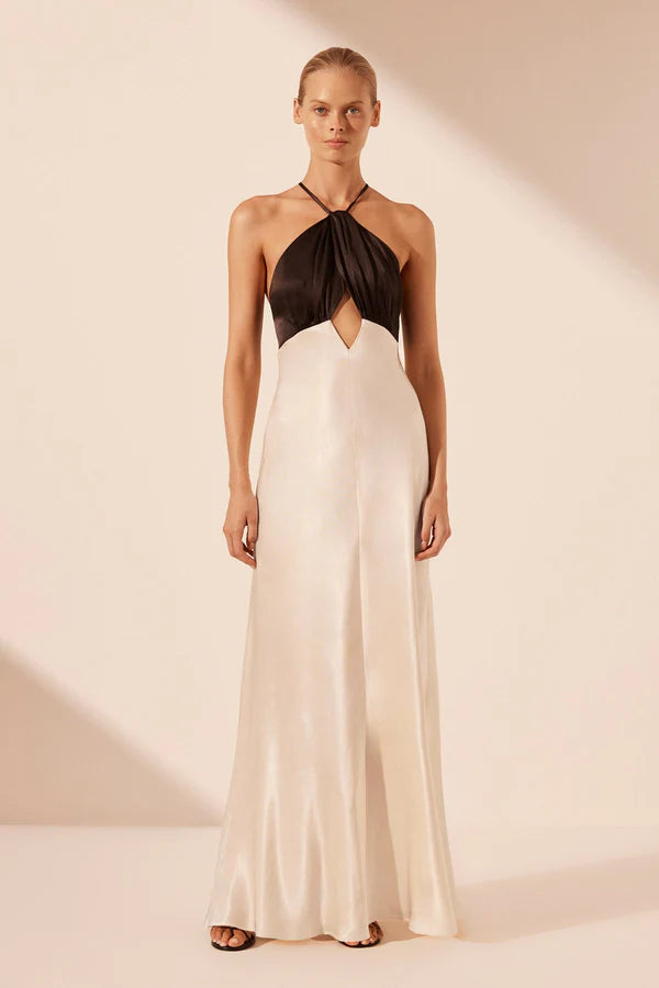 Shona Joy - Lino Cross Back Halter Maxi Dress - Cream/Black