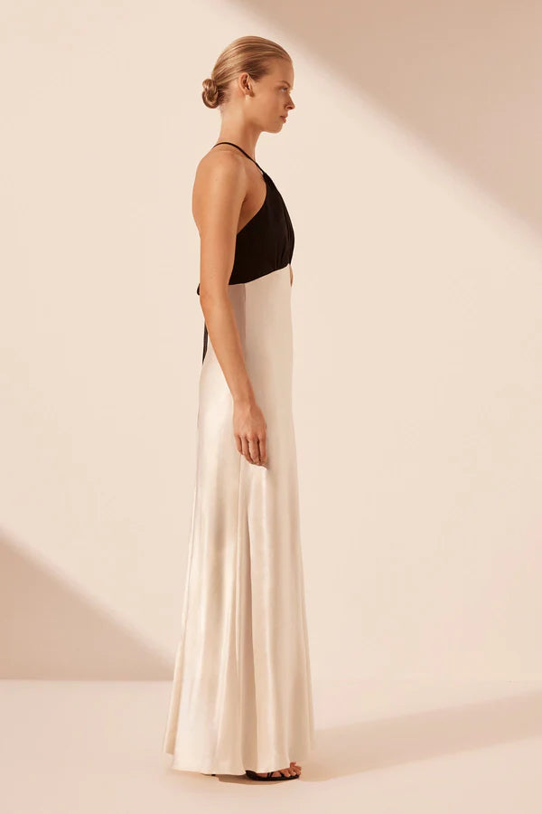 Shona Joy - Lino Cross Back Halter Maxi Dress - Cream/Black