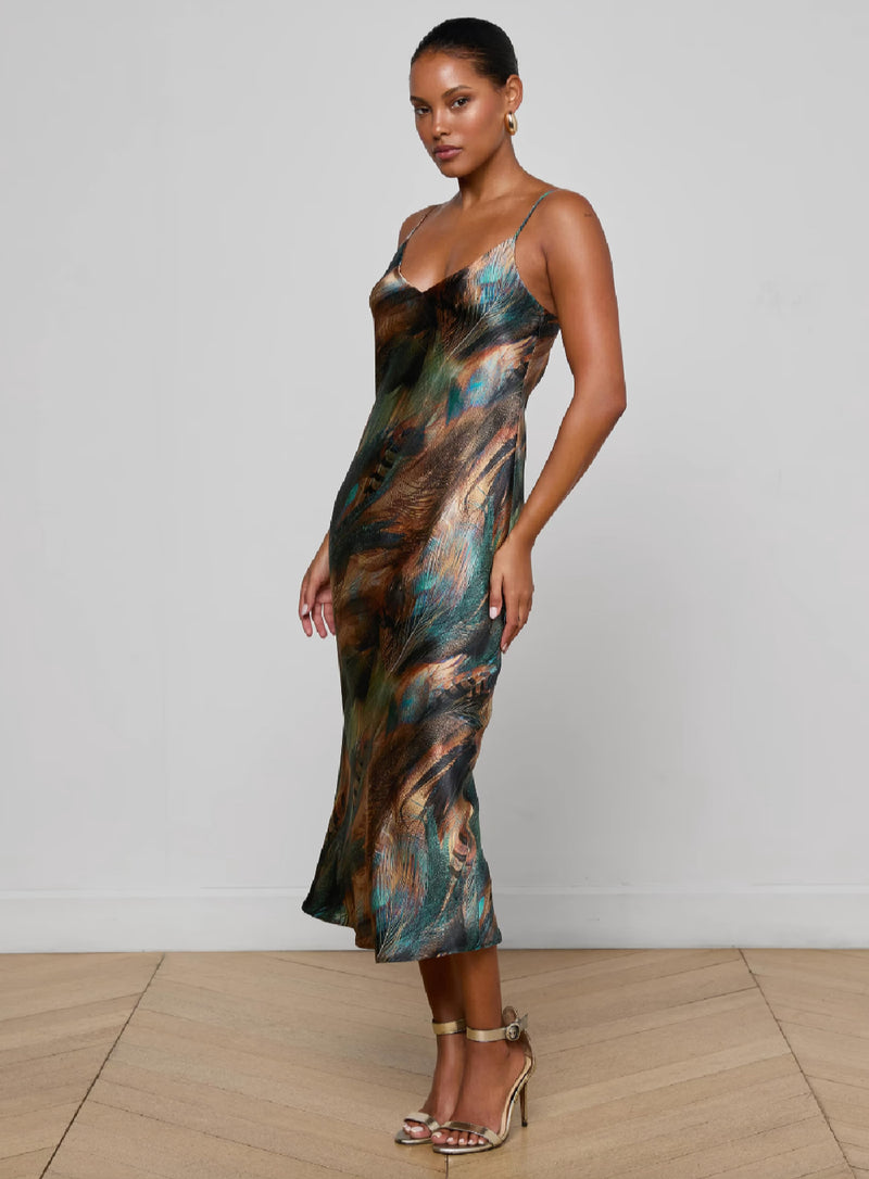 L'agence - Seridie Silk Slip Dress - Teal Multi Mix Feather
