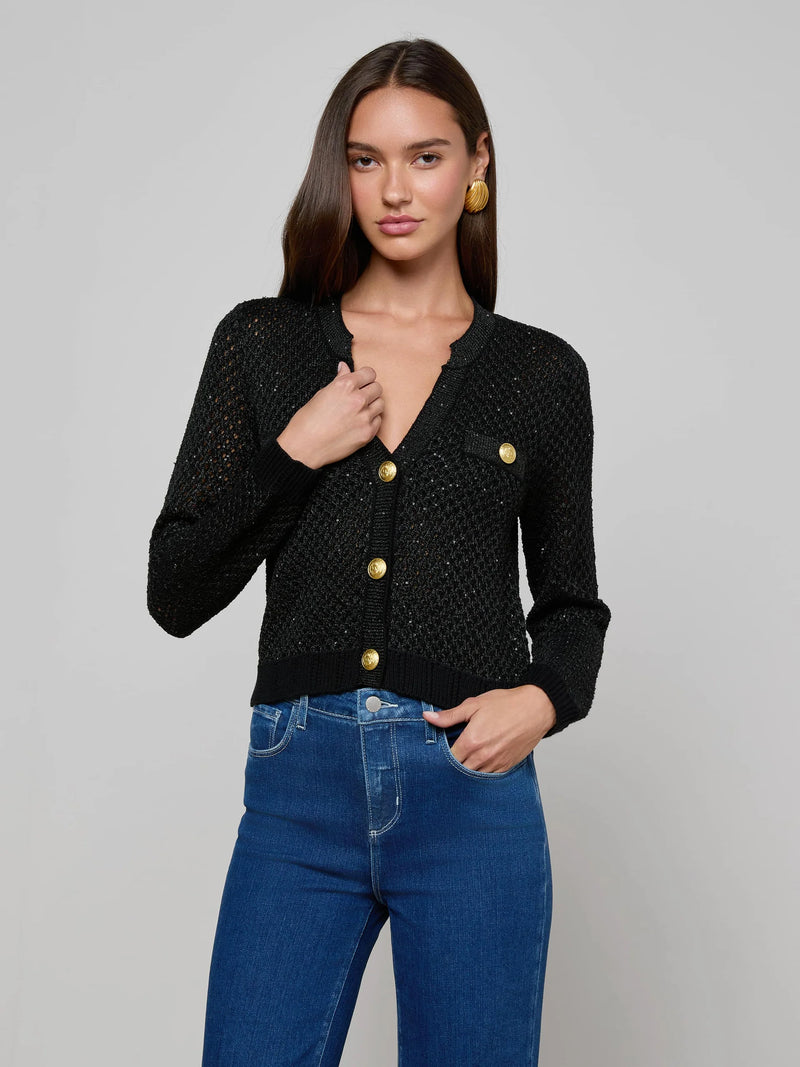 L'agence - Blanca Sequin Crop Cardigan - Black Gunmetal/Gold