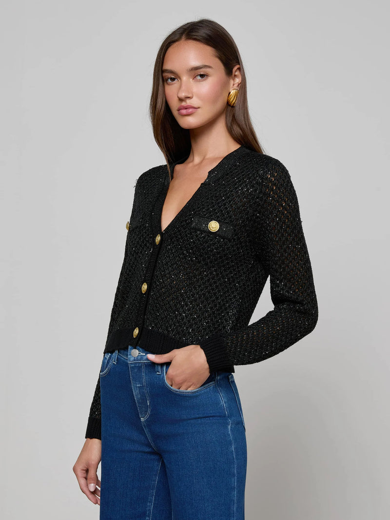 L'agence - Blanca Sequin Crop Cardigan - Black Gunmetal/Gold