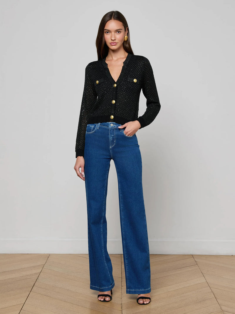 L'agence - Blanca Sequin Crop Cardigan - Black Gunmetal/Gold