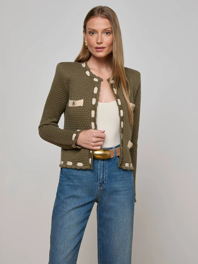 L'agence - Astor Contrast Trim Cardigan - Army/Biscuit