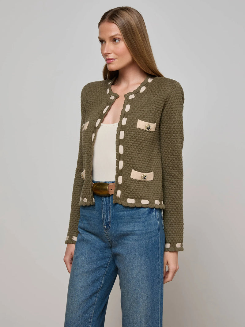 L'agence - Astor Contrast Trim Cardigan - Army/Biscuit