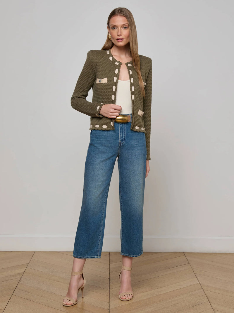 L'agence - Astor Contrast Trim Cardigan - Army/Biscuit