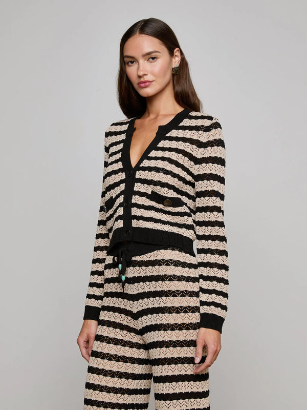 L'agence - Orla Pointelle Knit Cardigan - Black/Natural Stripe