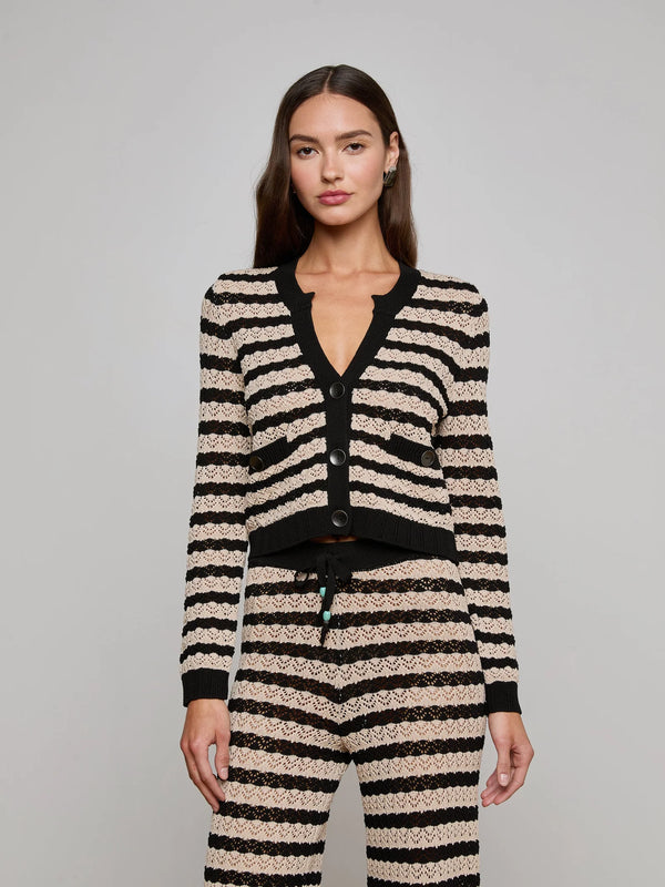 L'agence - Orla Pointelle Knit Cardigan - Black/Natural Stripe