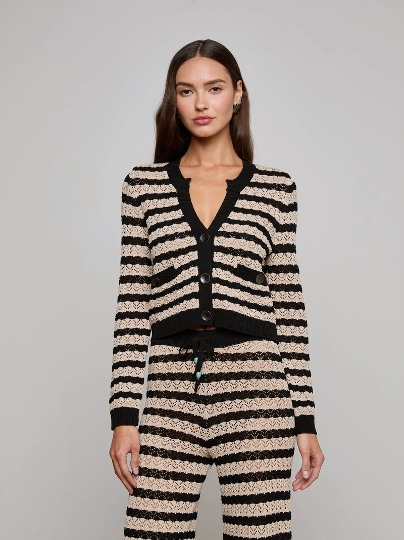 L'agence - Orla Pointelle Knit Cardigan - Black/Natural Stripe