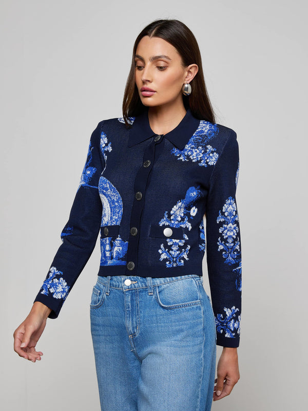 L'agence - Osiris Jacquard Cardigan - Black/Blue Large Porcelain