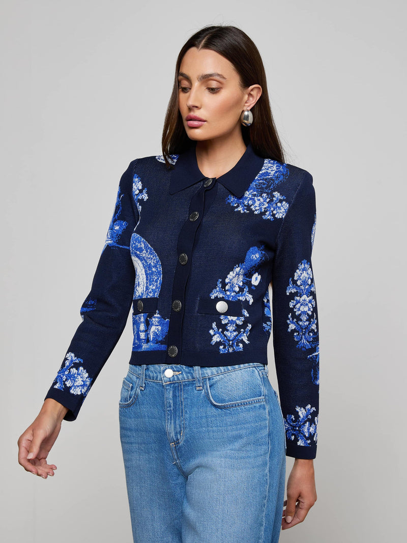 L'agence - Osiris Jacquard Cardigan - Black/Blue Large Porcelain
