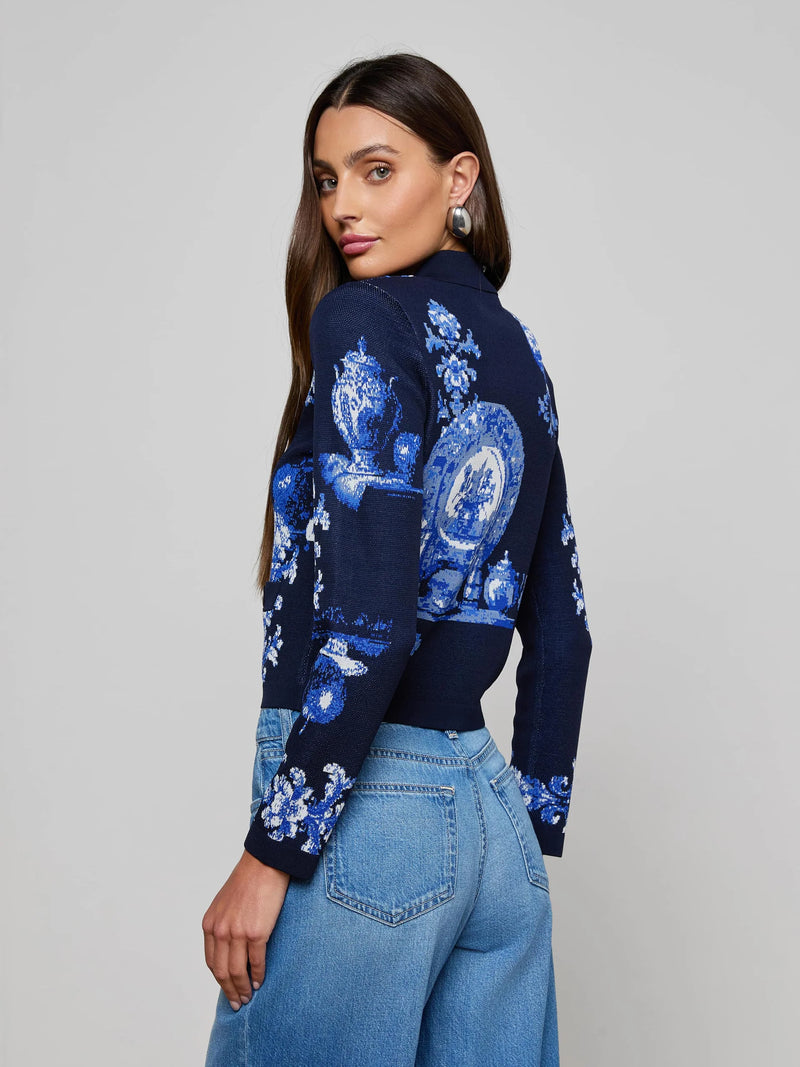 L'agence - Osiris Jacquard Cardigan - Black/Blue Large Porcelain