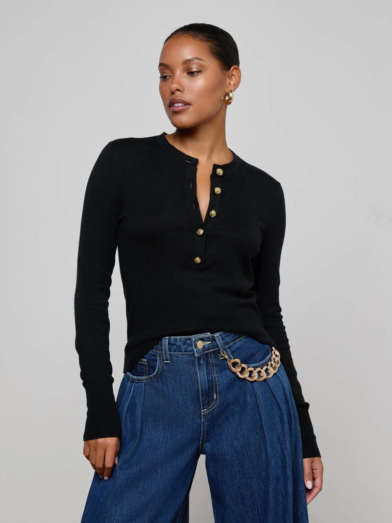 L'agence - Ronda Knit Henley Top - Black/Gold