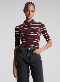 A.L.C - Cooper Fine Cotton Ribbed Top - Carob/White Wide Stripe