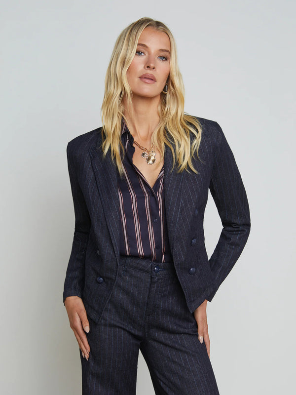 L'agence - Wayne Open-Front Blazer - Indigo/Blue Glitter Stripe