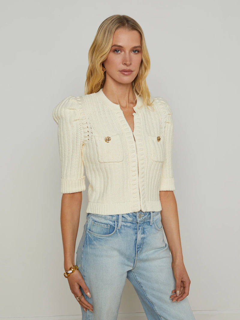 L’agence - Delilah Cropped Cardigan - Vintage White/Gold Knot