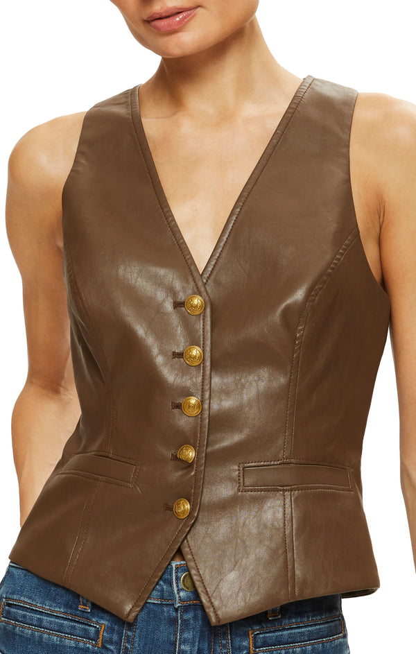 Ramy Brook - Sarge Faux Leather V Neck Vest - Dessert Brown