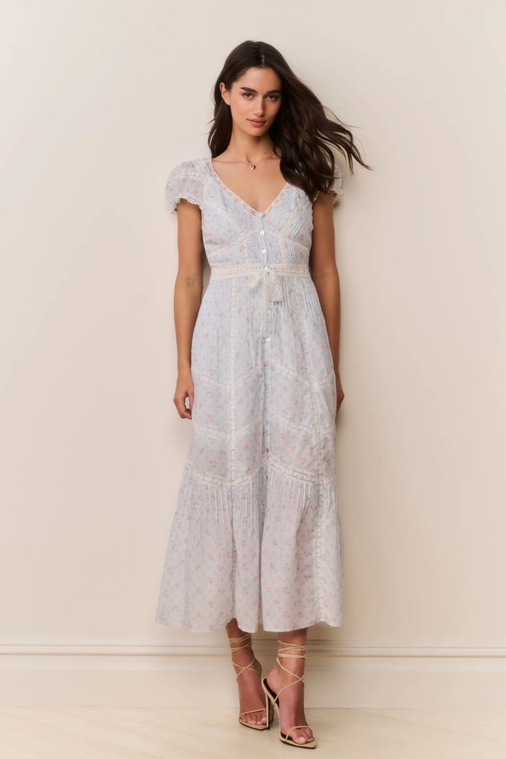 loveshackfancy emalia sequined lace midi dress Women's Aurela Floral Cotton Tiered Maxi - Chapparal Blue meet-me-in-santorini neckline Adjustable spaghetti straps Women's One-Shoulder Dresses | Back of the Dress Style:Regular Open Back (no extra fee)
