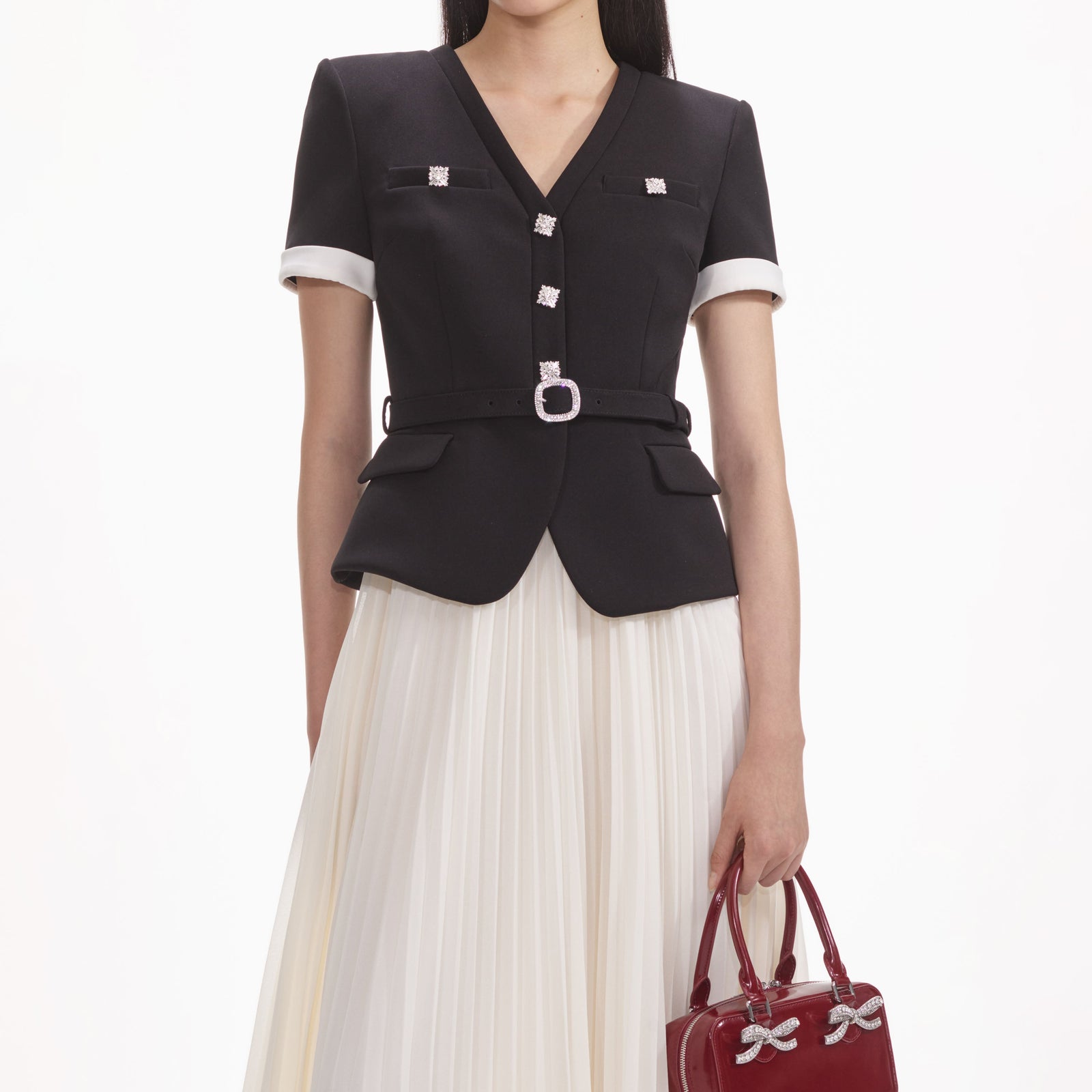 black crepe contrast chiffon midi dress Self-portrait - Contrast Chiffon Midi Dress
