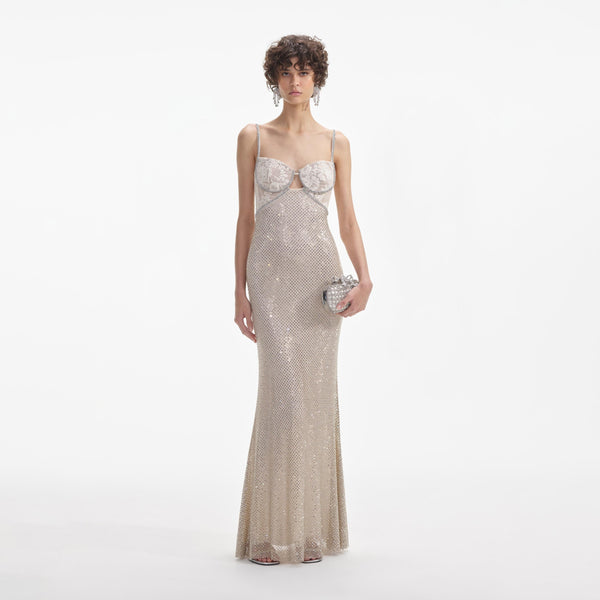 Self-portrait - Rhinestone Mesh Maxi Dress - Cream