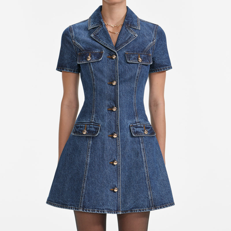 Self-portrait - Sleeveless Pearl Mini Dress - Dark Denim