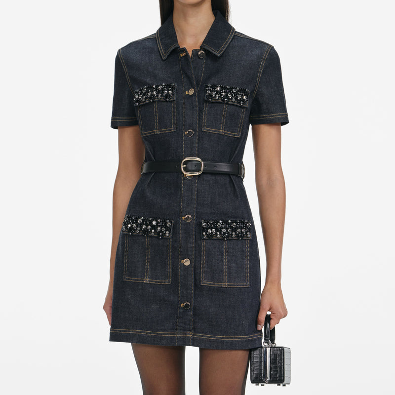 Self-portrait - Indigo Crystal Trim Mini Dress - Denim
