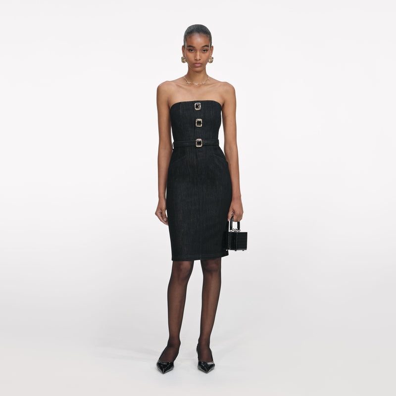 Self-portrait - Denim Bandeau Midi Dress - Black