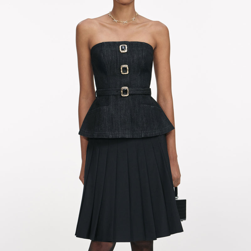 Self-portrait - Denim Bandeau Top - Black