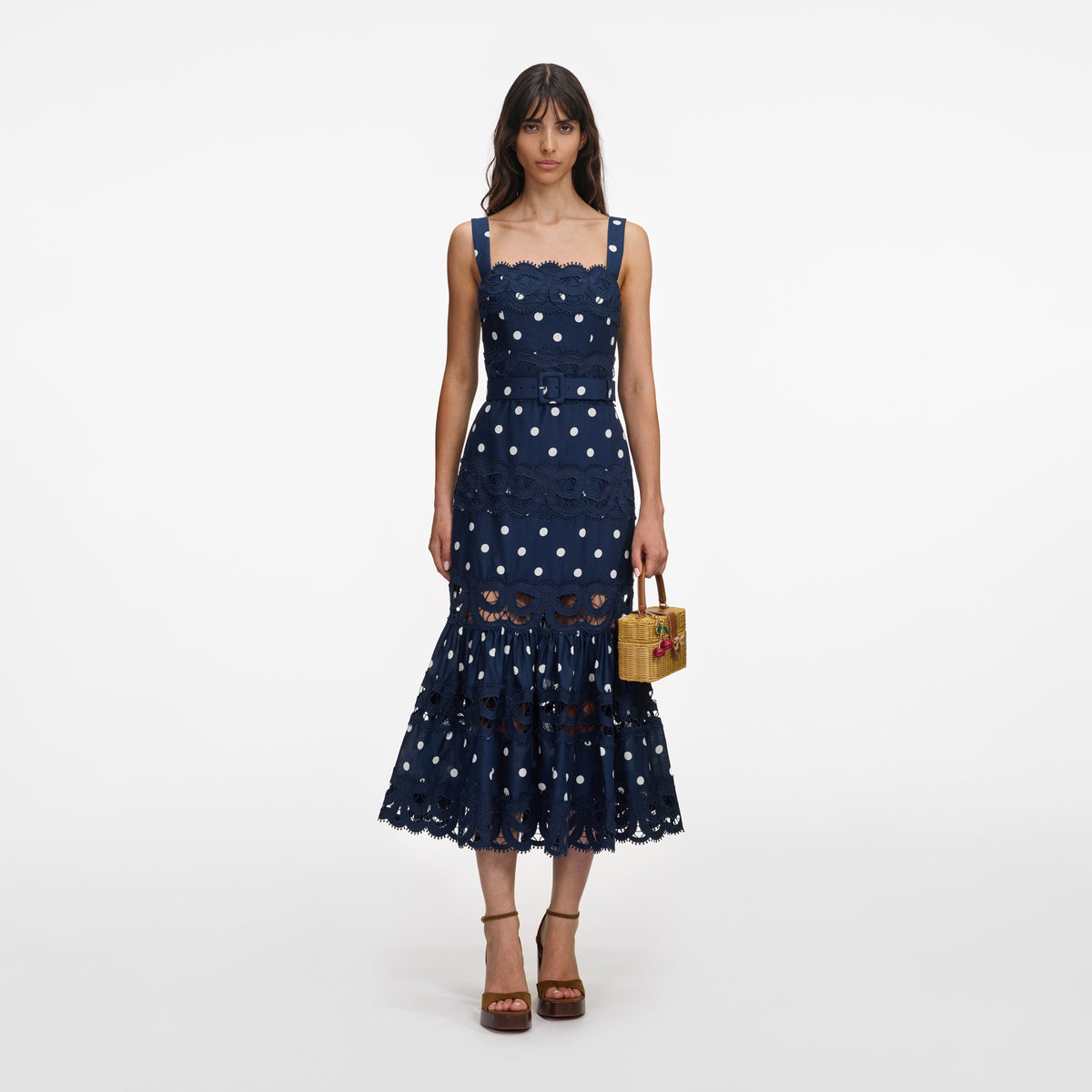 navy blue midi dress Self-Portrait Polka Dot Linen in Navy deep plunge dress Homemade Ranch Dressing - or no bra Size:X-large