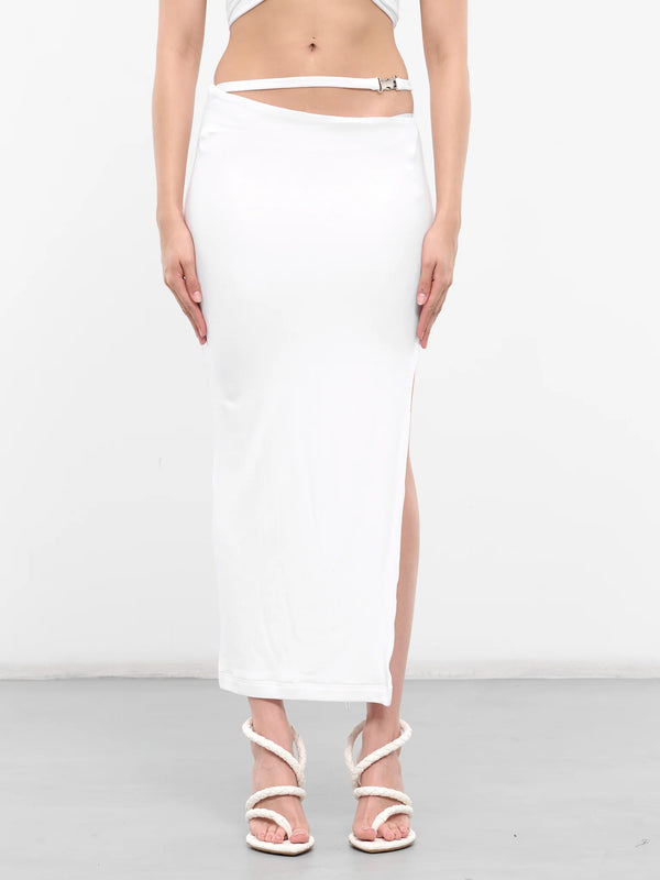 Lama Jouni - Buckle Strap Skirt With Slit - White