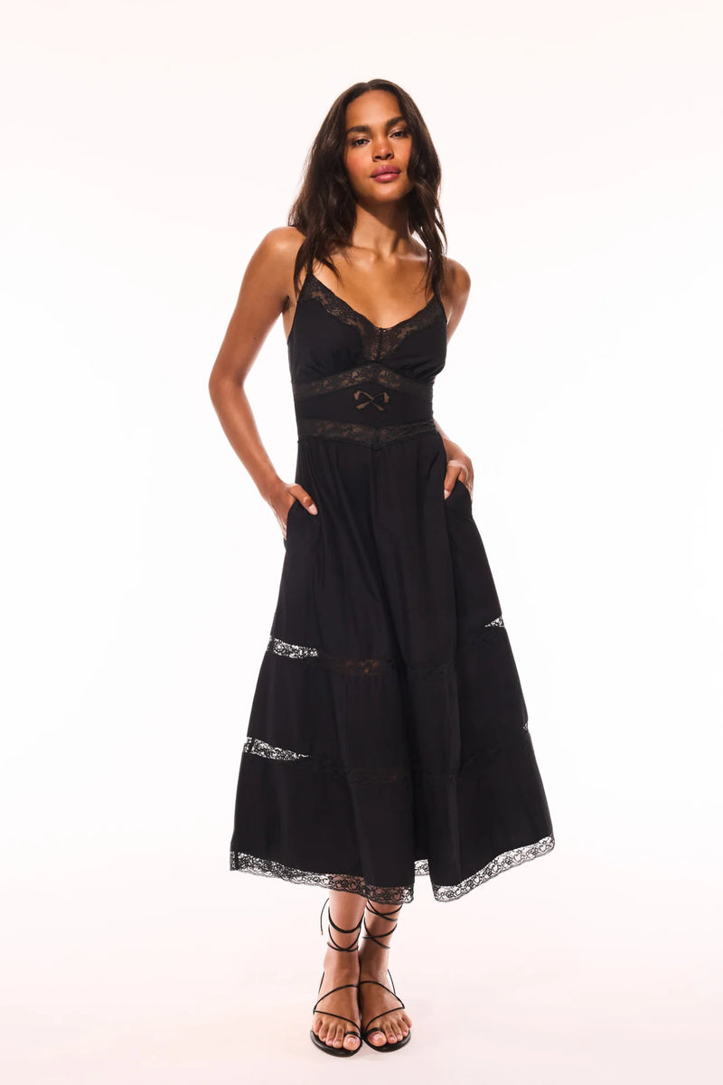 Loveshackfancy - Catryn Lace Bow Cotton Midi Dress - Black