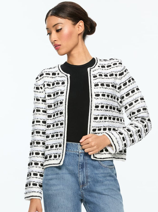 Alice + Olivia - Marjorie Textured Tweed Stitch Cardigan Jacket - Soft White/Black