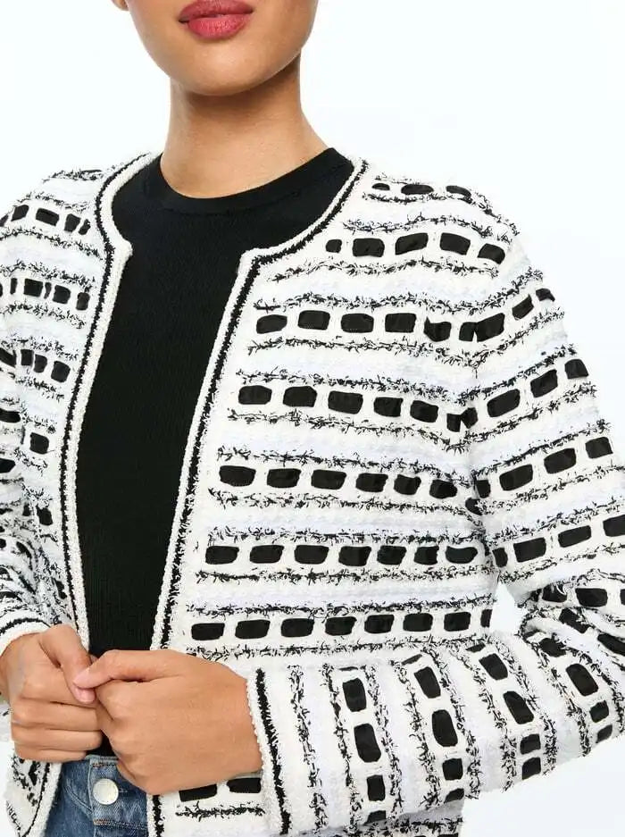 Alice + Olivia - Marjorie Textured Tweed Stitch Cardigan Jacket - Soft White/Black