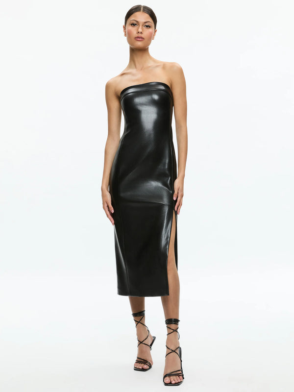 Alice + Olivia - KELLY VEGAN LEATHER HIGH SLIT MIDI DRESS - Black