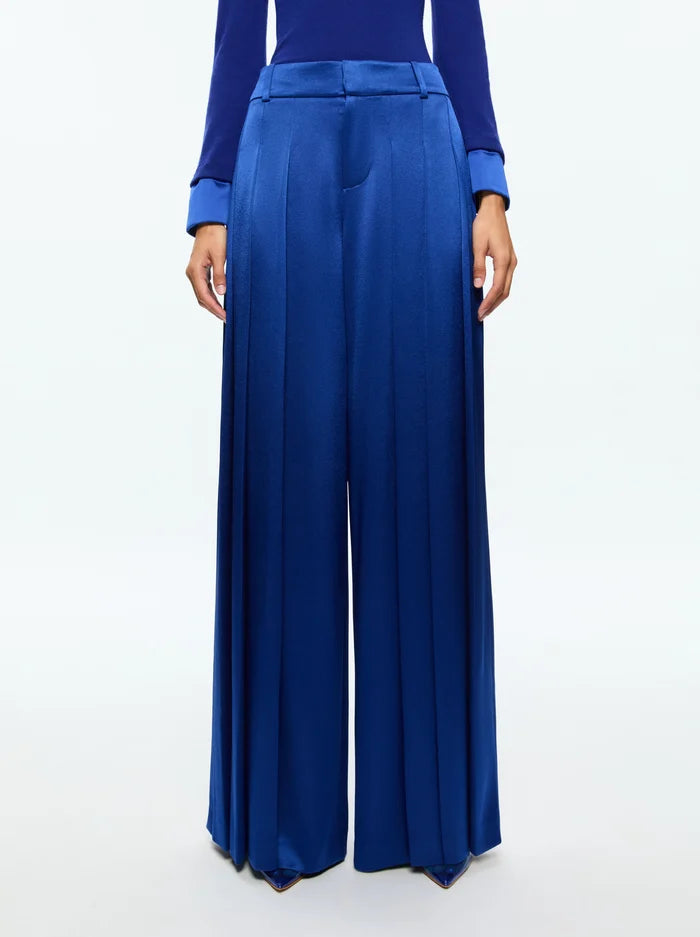 Alice + Olivia - Simon Pleated Satin Wide Leg Trousers - Royal Blue