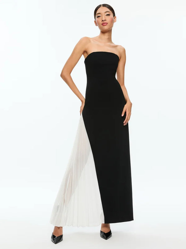 Alice + Olivia - Retha Strapless Maxi Dress with Godet Pleated - Off White/Black