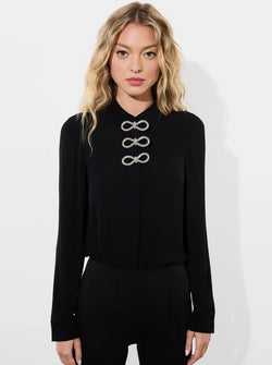 Alice + Olivia - Willa Placket Top with Embellished Bow Detail - Black