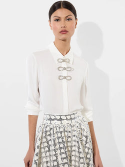 Alice + Olivia - Willa Placket Top with Embellished Bow Detail - Off White