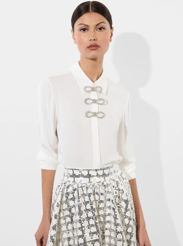 Alice + Olivia - Willa Placket Top with Embellished Bow Detail - Off White