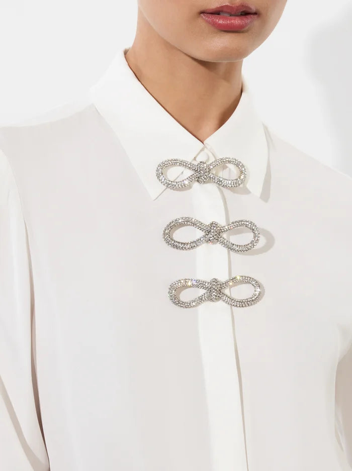 Alice + Olivia - Willa Placket Top with Embellished Bow Detail - Off White