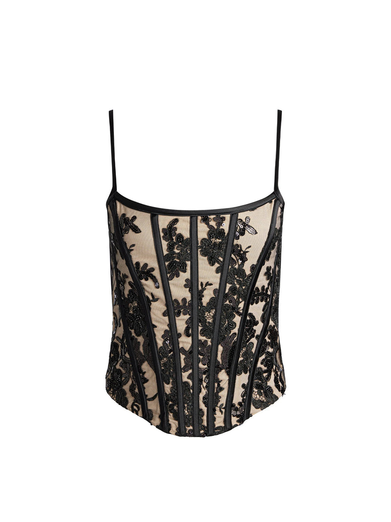 Alice + Olivia - Cressida Embellished Scoop Neck Corset Top - Black/Almond